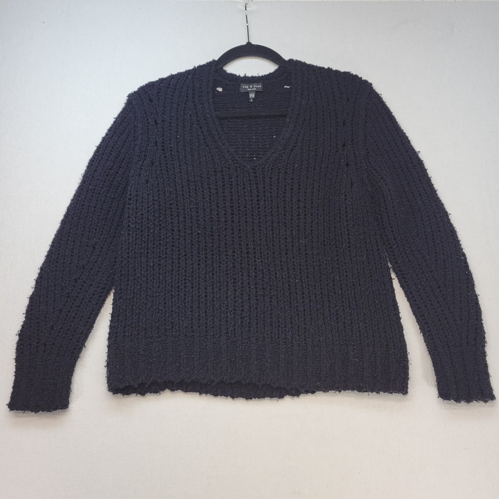 Rag‎ & Bone Sweater Womens XXS Black 100% Merino Wool Chunky Knit V-Neck